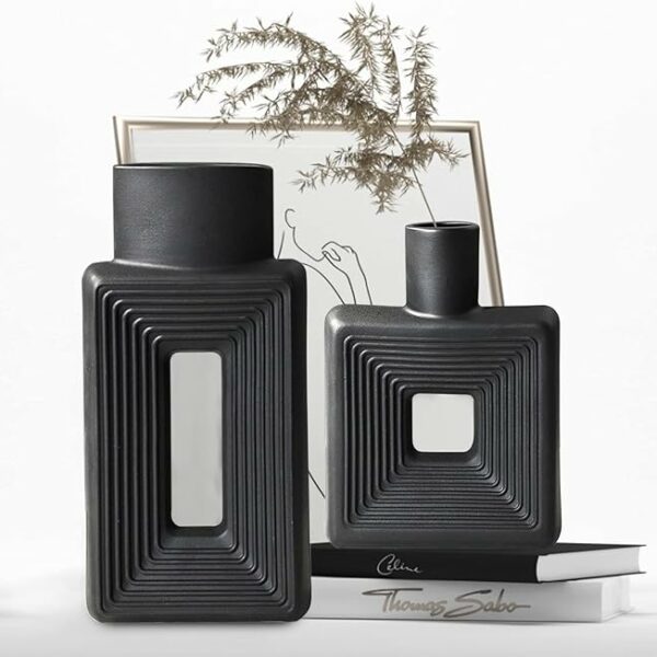 Geometric Ribbed Wide-Mouth Vase Set of 2 Square & Rectangle - White or Black