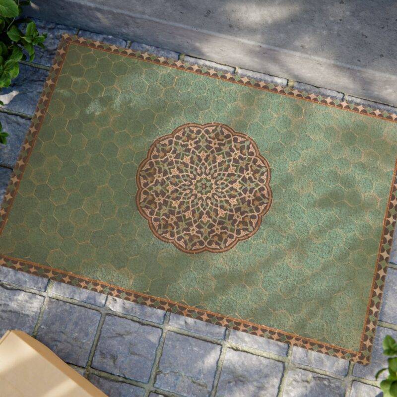 Turquoise Middle Eastern Rug Carpet Pattern - 24" x 16" Premium Coconut Coir Door Mat - Image 2